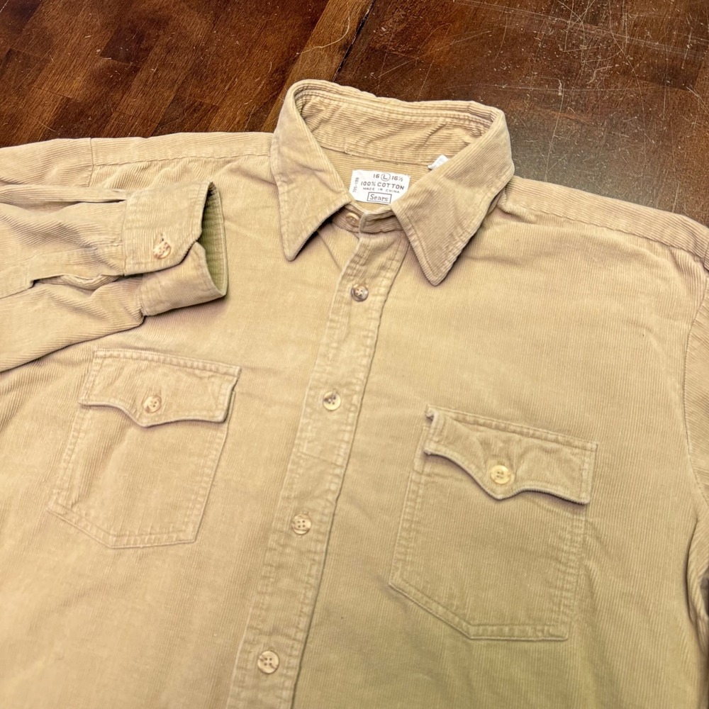 VTG Sears Corduroy Shirt Men Large Tan Long Sleeve Dual Chest Pocket Button Down